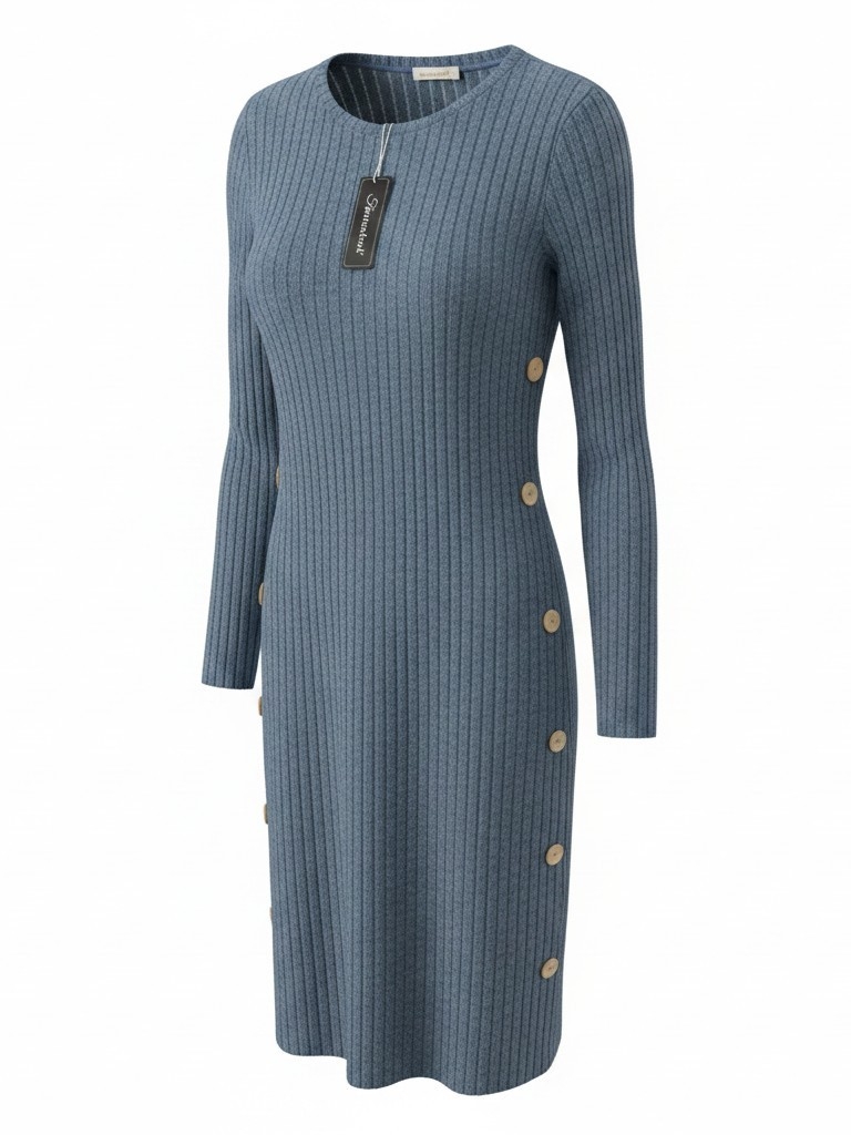 Fantaslook Women's Ribbed Button-Side Knit Dress - Blue W/Pockets (M)
